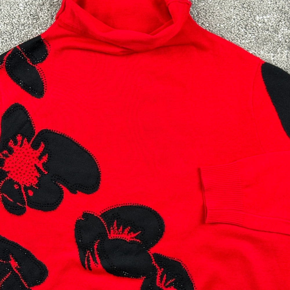 Vintage 80s Red Black Floral Applique Turtleneck Sweater Womens M